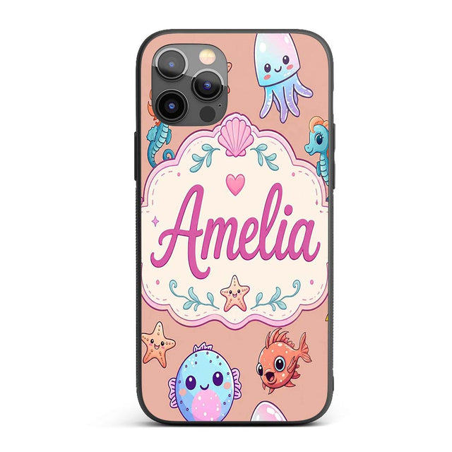 Cute Kawaii Mermaid Seahorse Decorative Design Custom Name Protective Phone Case Mobile Cover Durable Everyday Smartphone Shock Resistant