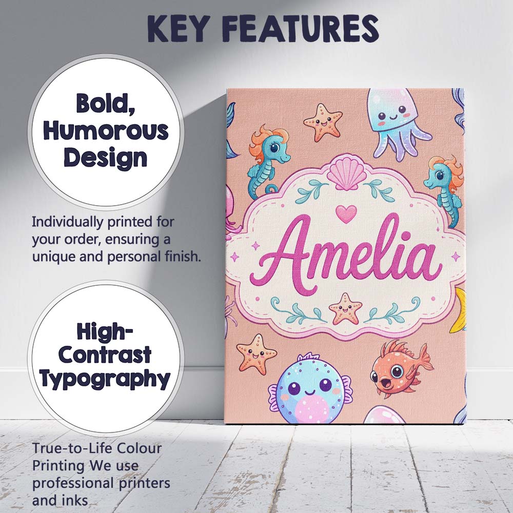 Personalised Name Cute Kawaii Mermaid Custom Modern Room Accent Creative Decorator Style Canvas Wall Art Print Decor Picture Ready to Hang