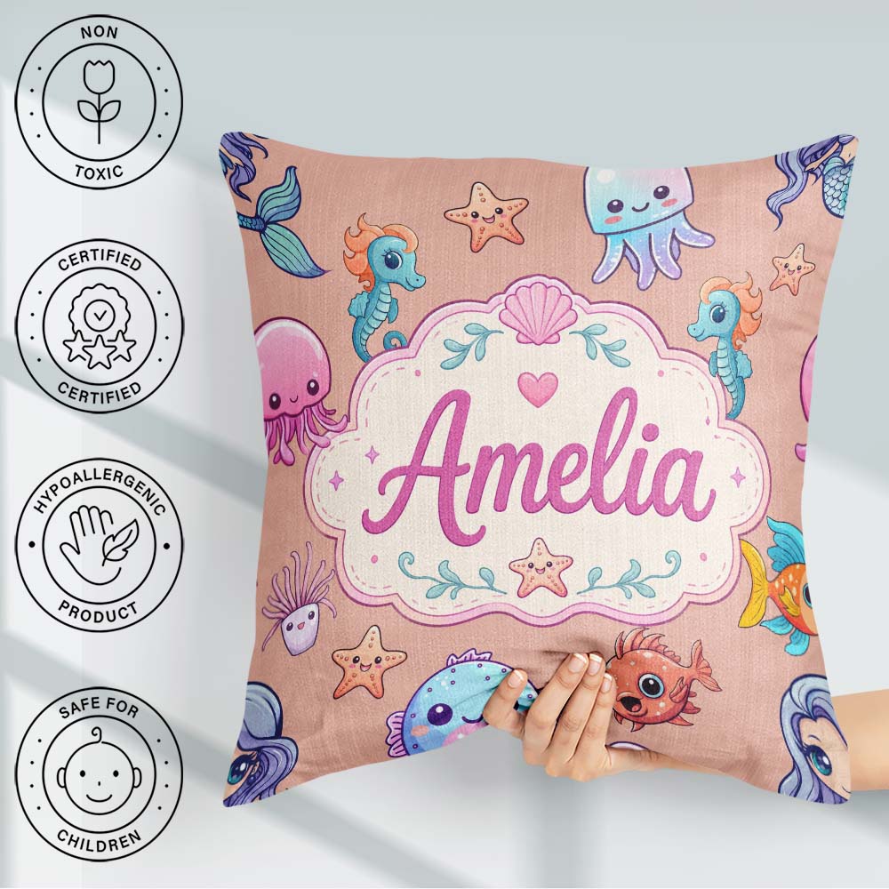 Custom Name Kawaii Mermaid Seahorse Jellyfish and Starfish Peach Square Filled Cushion Throw Pillow Sofa Bed Home Decor Zip Washable UK Made
