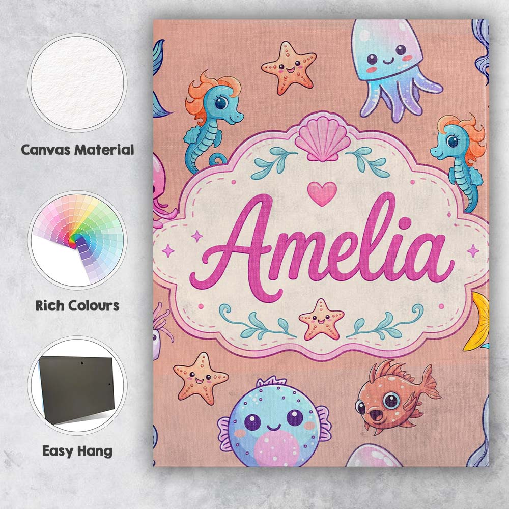 Personalised Name Cute Kawaii Mermaid Custom Modern Room Accent Creative Decorator Style Canvas Wall Art Print Decor Picture Ready to Hang