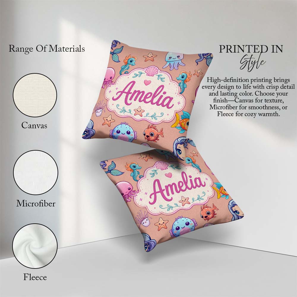 Custom Name Kawaii Mermaid Seahorse Jellyfish and Starfish Peach Square Filled Cushion Throw Pillow Sofa Bed Home Decor Zip Washable UK Made