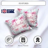 Custom Name Watercolor Pink Ribbon Bow Pattern with Soft Stripes Square Filled Cushion Throw Pillow Sofa Bed Home Decor Zip Washable UK Made