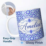 Personalized Custom Name Blue Kaleidoscope Floral Tile Seamless Pattern Symmetrical Geometric 11oz Ceramic Coffee Tea Mug White Large Handle