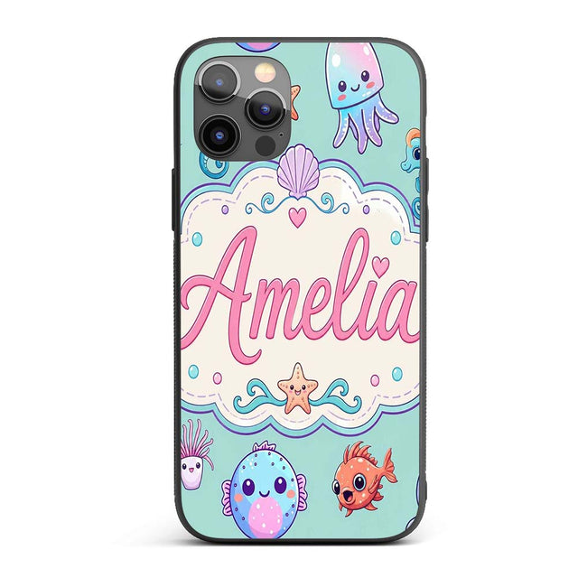 Cute Kawaii Mermaid Seahorse Decorative Design Custom Name Protective Phone Case Mobile Cover Durable Everyday Smartphone Shock Resistant