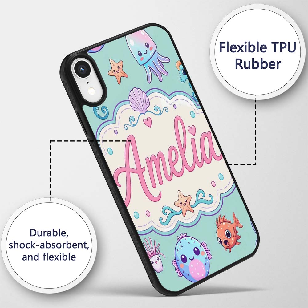Cute Kawaii Mermaid Seahorse Decorative Design Custom Name Protective Phone Case Mobile Cover Durable Everyday Smartphone Shock Resistant