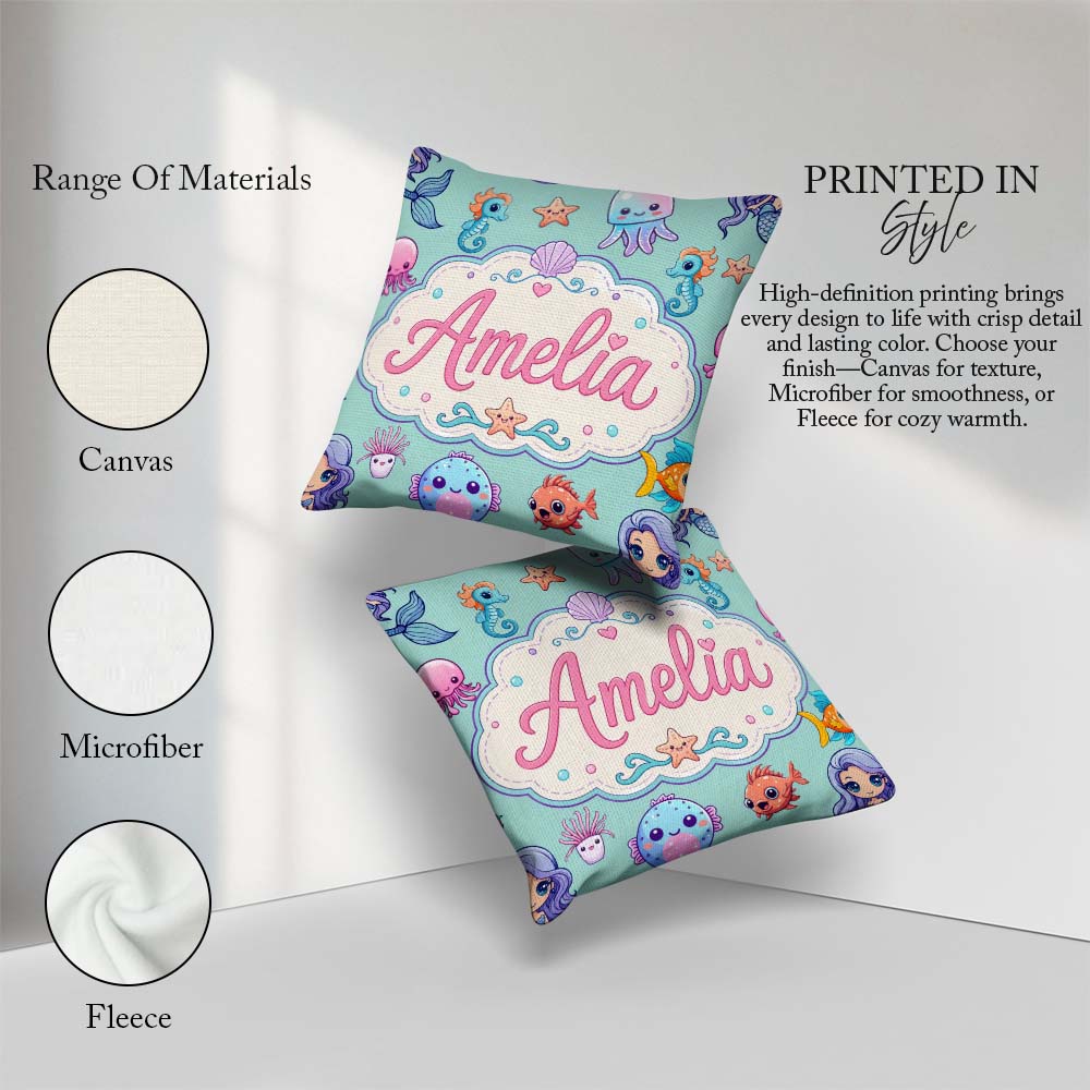 Custom Name Kawaii Mermaid Seahorse and Starfish Mint Background Square Filled Cushion Throw Pillow Sofa Bed Home Decor Zip Washable UK Made