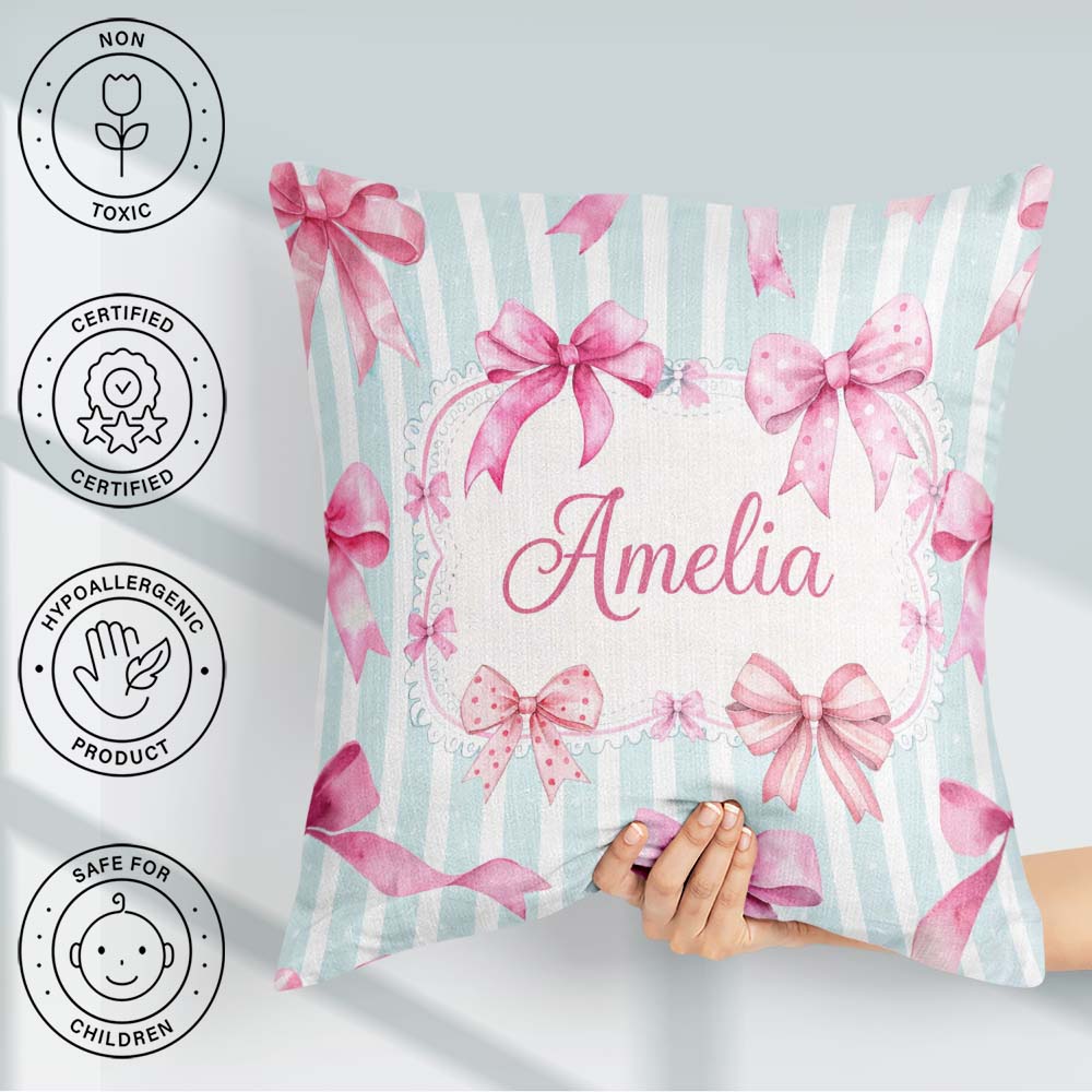Custom Name Watercolor Pink Ribbon Bow Pattern with Soft Stripes Square Filled Cushion Throw Pillow Sofa Bed Home Decor Zip Washable UK Made
