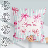 Custom Name Watercolor Pink Ribbon Bow Pattern with Soft Stripes Square Filled Cushion Throw Pillow Sofa Bed Home Decor Zip Washable UK Made
