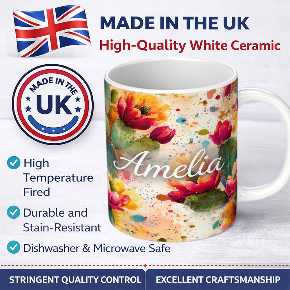 Personalized Custom Name Bright Watercolor Cactus Flower Abstract Seamless Pattern Lovely 11oz Ceramic Coffee Tea Mug White Large Handle