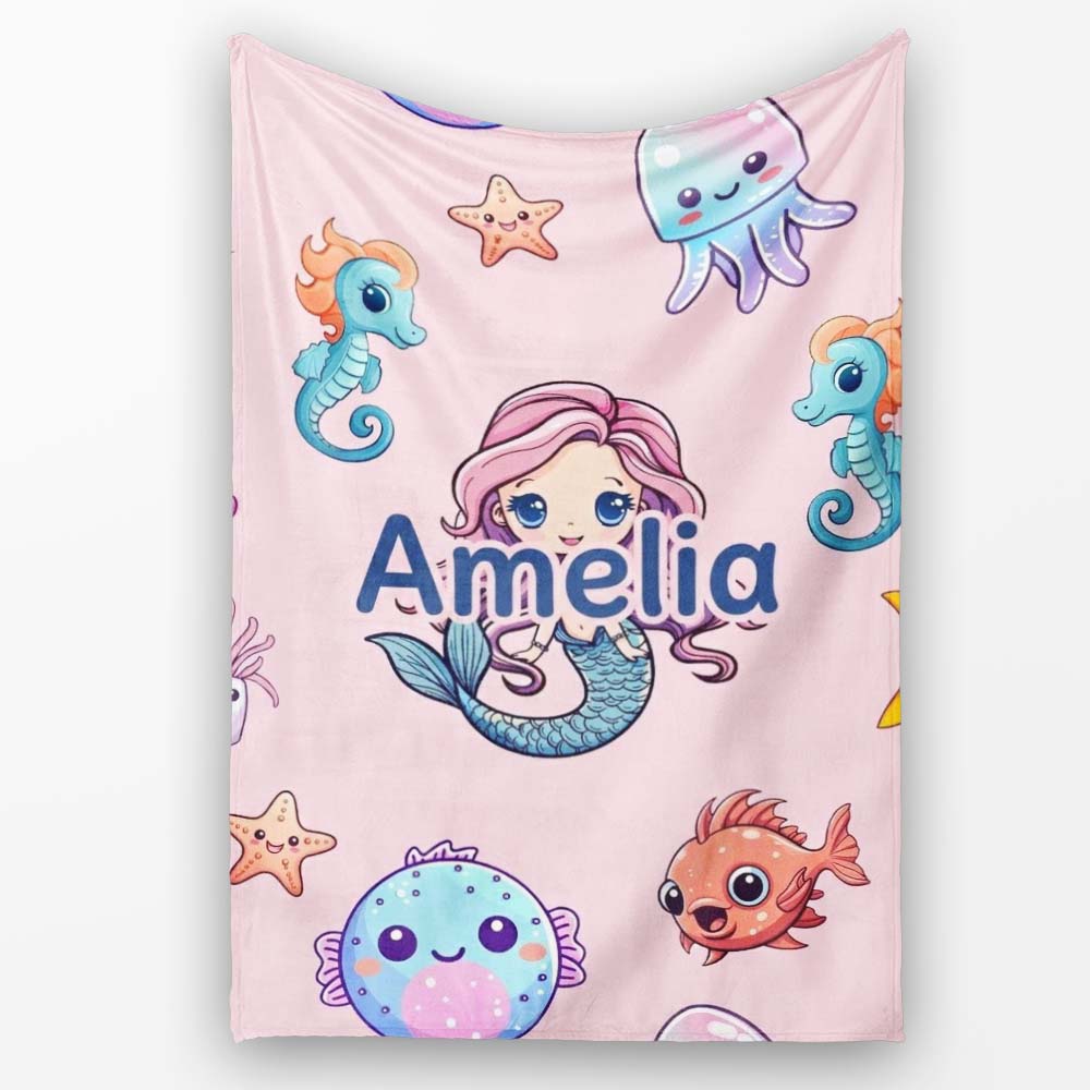 Cute Kawaii Mermaid Seahorse Jellyfish and Starfish Light Pink  Personalised Custom Name Super Soft Fleece Blanket Bed Sofa Throw