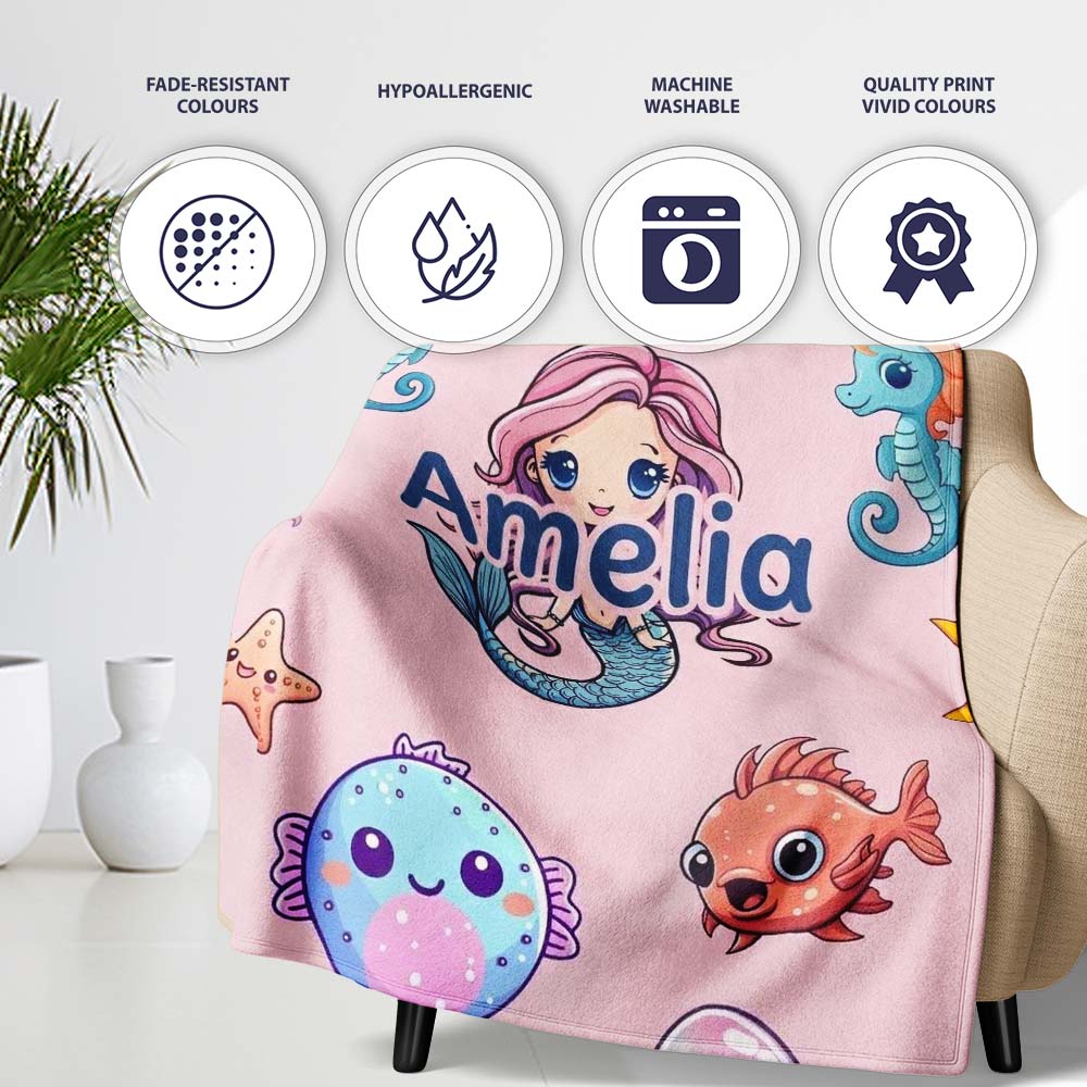 Cute Kawaii Mermaid Seahorse Jellyfish and Starfish Light Pink  Personalised Custom Name Super Soft Fleece Blanket Bed Sofa Throw