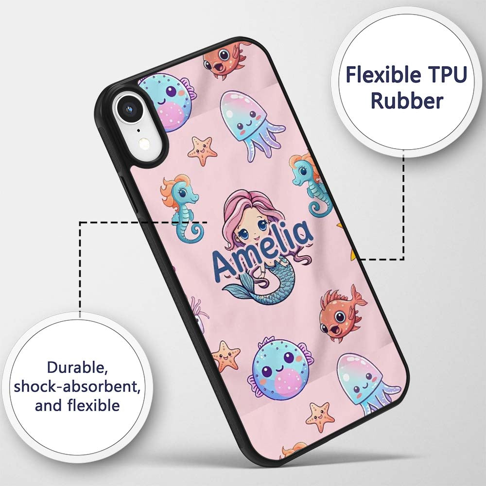 Cute Kawaii Mermaid Seahorse Decorative Design Custom Name Protective Phone Case Mobile Cover Durable Everyday Smartphone Shock Resistant