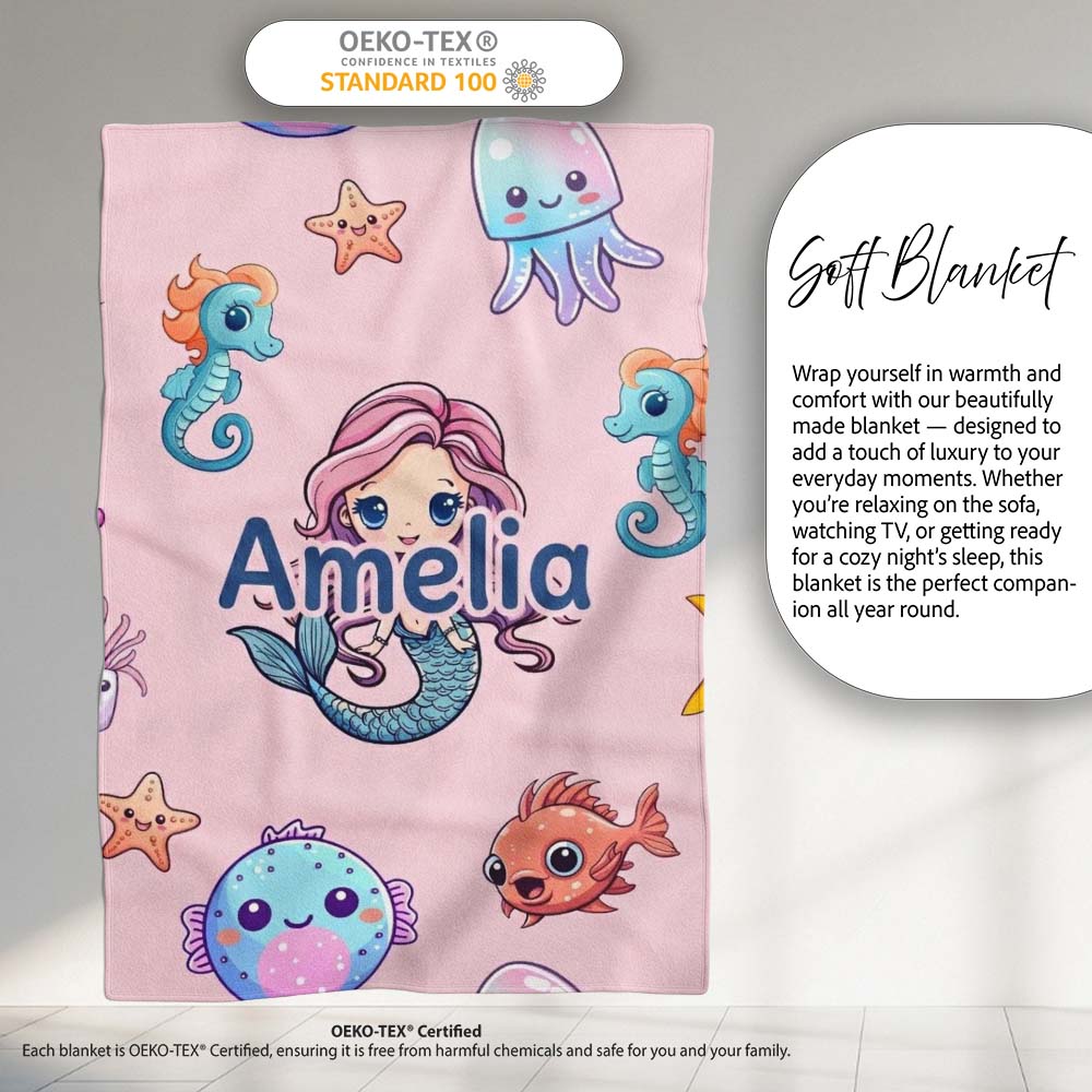 Cute Kawaii Mermaid Seahorse Jellyfish and Starfish Light Pink  Personalised Custom Name Super Soft Fleece Blanket Bed Sofa Throw