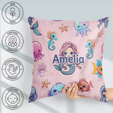 Custom Name Cute Kawaii Mermaid Seahorse and Starfish Light Pink Square Filled Cushion Throw Pillow Sofa Bed Home Decor Zip Washable UK Made