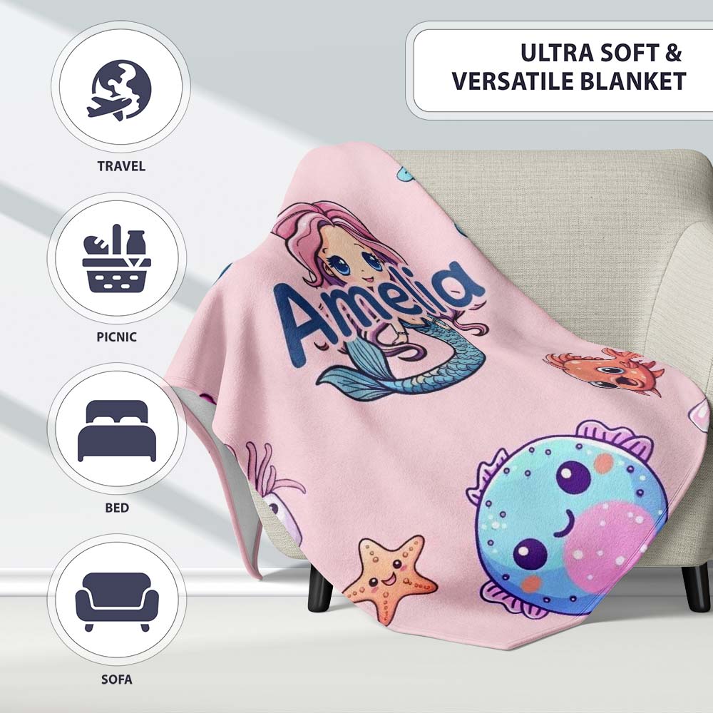 Cute Kawaii Mermaid Seahorse Jellyfish and Starfish Light Pink  Personalised Custom Name Super Soft Fleece Blanket Bed Sofa Throw