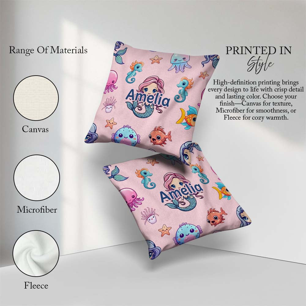 Custom Name Cute Kawaii Mermaid Seahorse and Starfish Light Pink Square Filled Cushion Throw Pillow Sofa Bed Home Decor Zip Washable UK Made