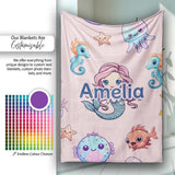 Cute Kawaii Mermaid Seahorse Jellyfish and Starfish Light Pink  Personalised Custom Name Super Soft Fleece Blanket Bed Sofa Throw