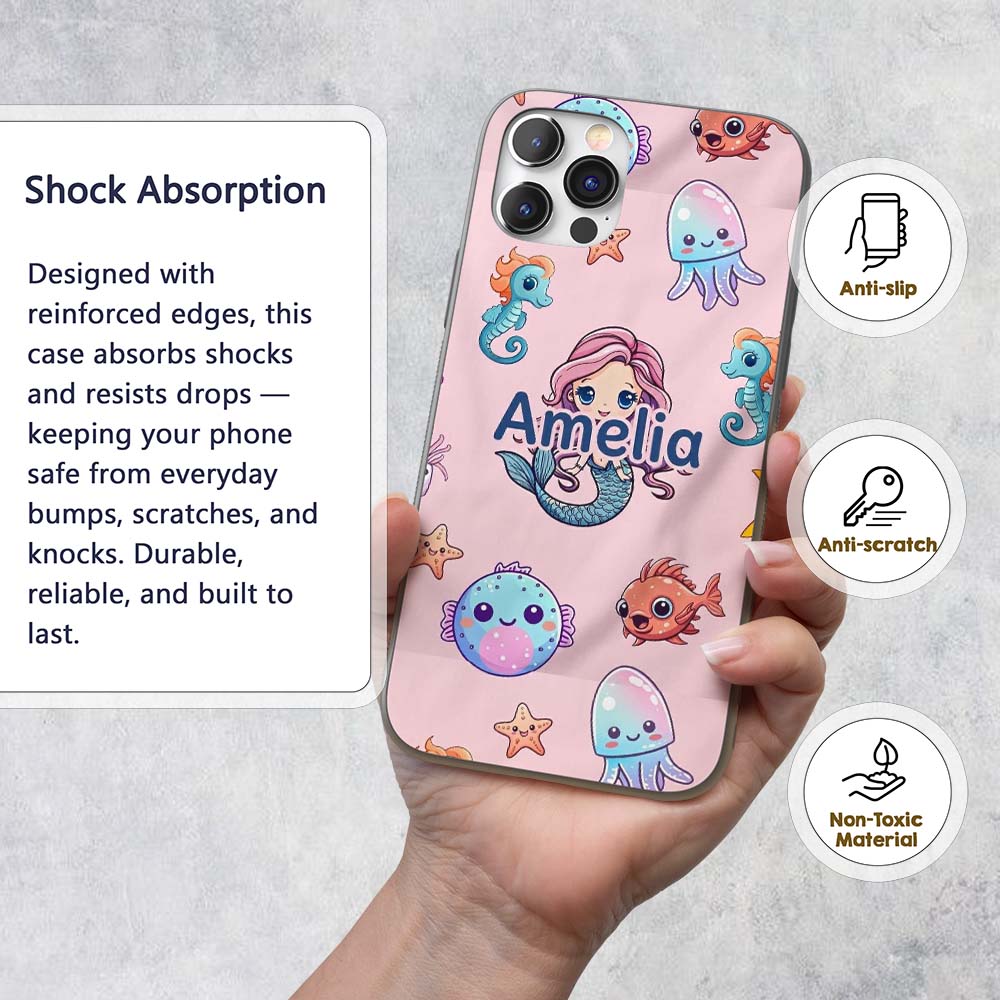 Cute Kawaii Mermaid Seahorse Decorative Design Custom Name Protective Phone Case Mobile Cover Durable Everyday Smartphone Shock Resistant