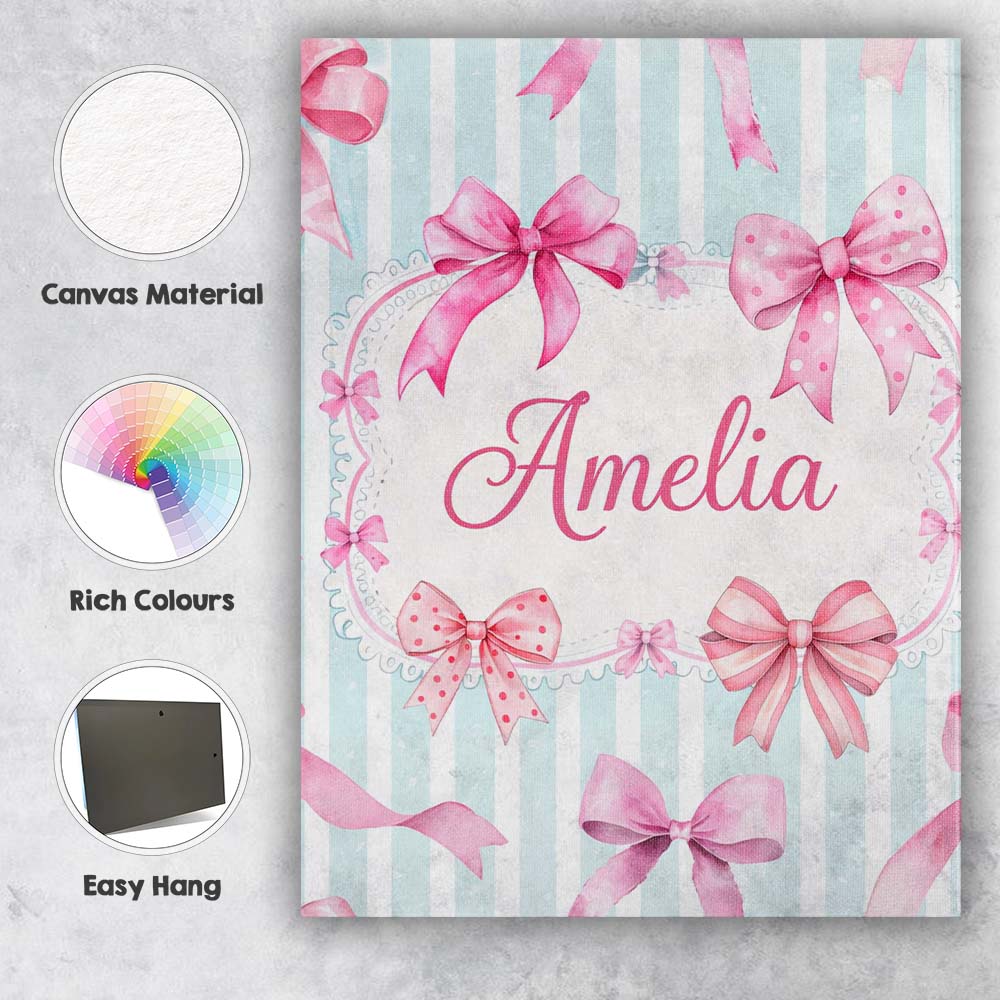 Personalised Name Watercolor Pink Ribbon Bow Seamless Pattern with Custom  Unique Canvas Wall Art Print Decor Picture Ready to Hang