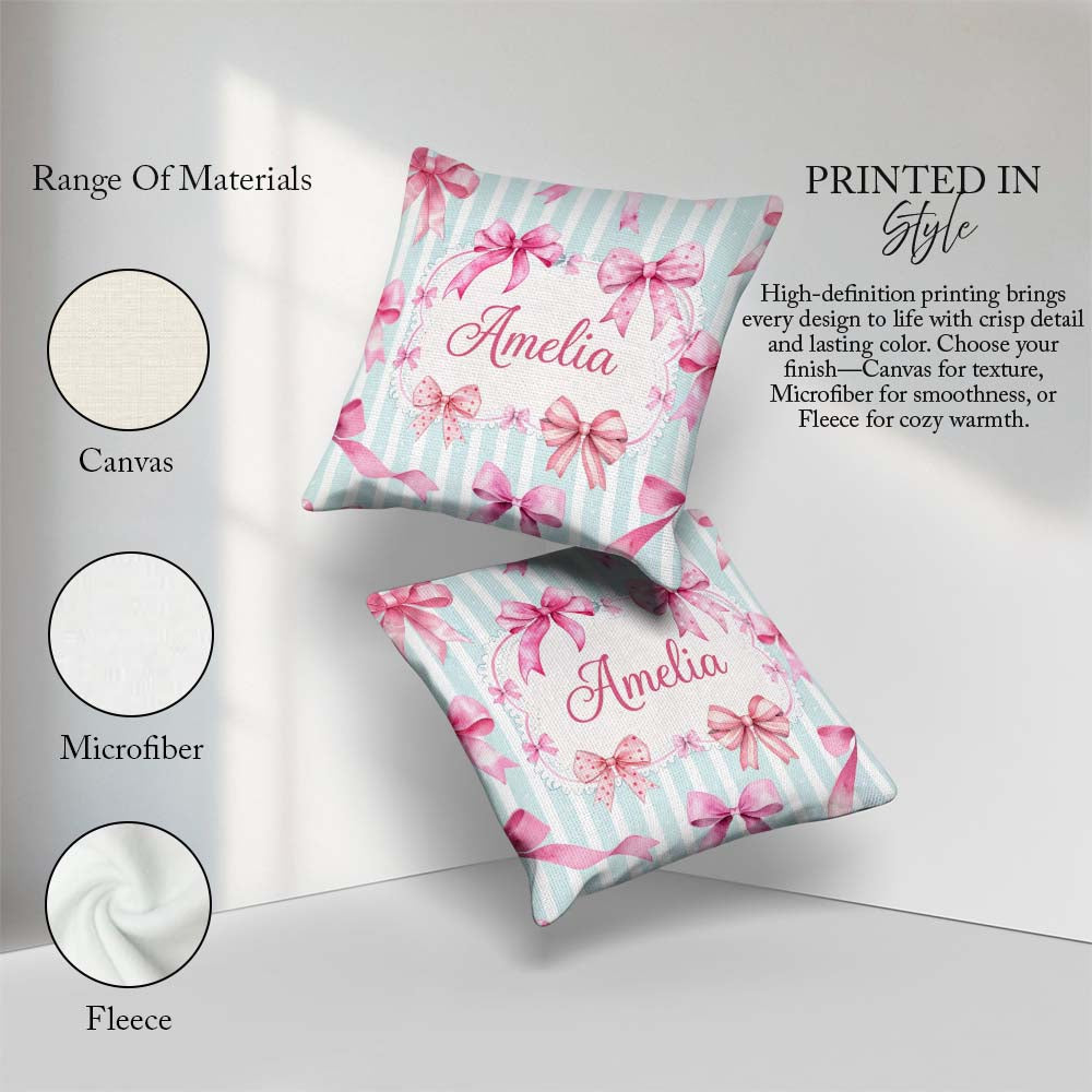 Custom Name Watercolor Pink Ribbon Bow Pattern with Soft Stripes Square Filled Cushion Throw Pillow Sofa Bed Home Decor Zip Washable UK Made