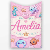 Cute Kawaii Mermaid Seahorse Jellyfish and Starfish Soft Pink Lovely  Personalised Custom Name Super Soft Fleece Blanket Bed Sofa Throw