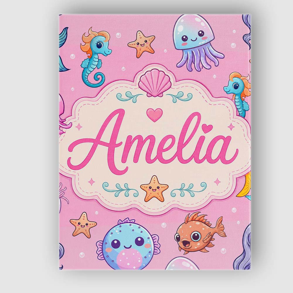 Personalised Name Cute Kawaii Mermaid Custom Modern Room Accent Creative Decorator Style Canvas Wall Art Print Decor Picture Ready to Hang