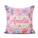 Custom Name Cute Kawaii Mermaid Seahorse Jellyfish and Soft Pink Square Filled Cushion Throw Pillow Sofa Bed Home Decor Zip Washable UK Made