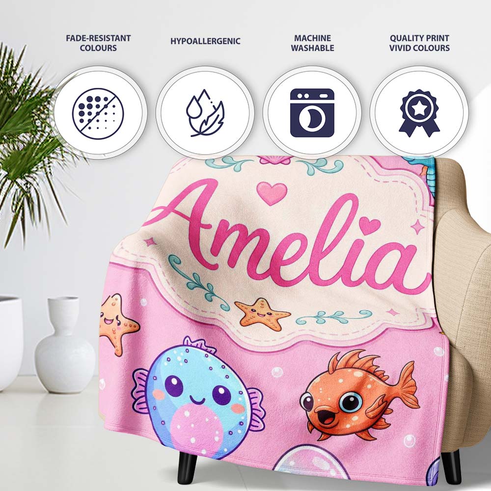 Cute Kawaii Mermaid Seahorse Jellyfish and Starfish Soft Pink Lovely  Personalised Custom Name Super Soft Fleece Blanket Bed Sofa Throw