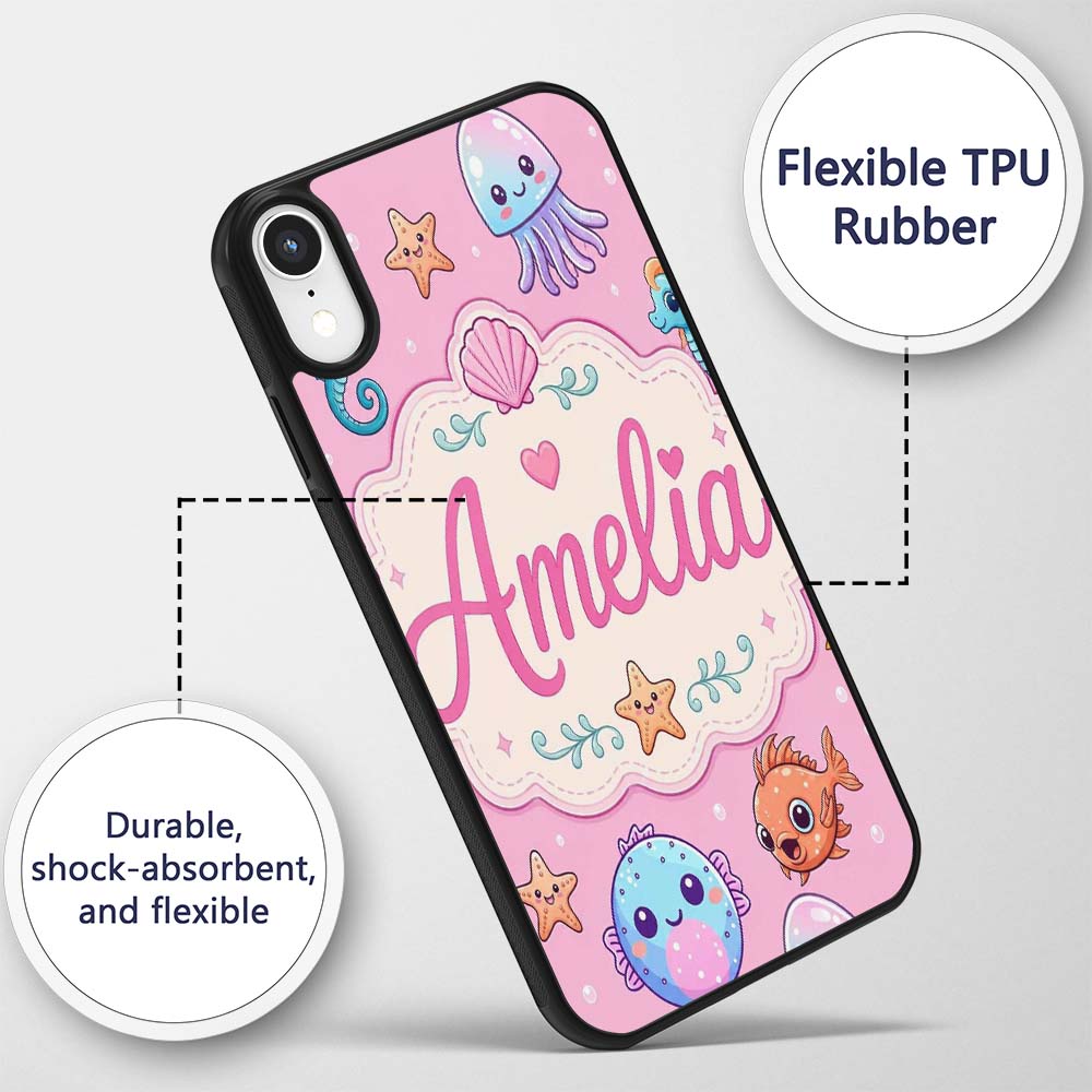Cute Kawaii Mermaid Seahorse Decorative Design Custom Name Protective Phone Case Mobile Cover Durable Everyday Smartphone Shock Resistant