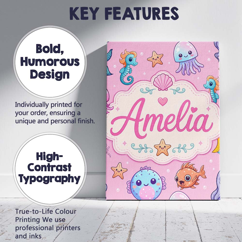 Personalised Name Cute Kawaii Mermaid Custom Modern Room Accent Creative Decorator Style Canvas Wall Art Print Decor Picture Ready to Hang