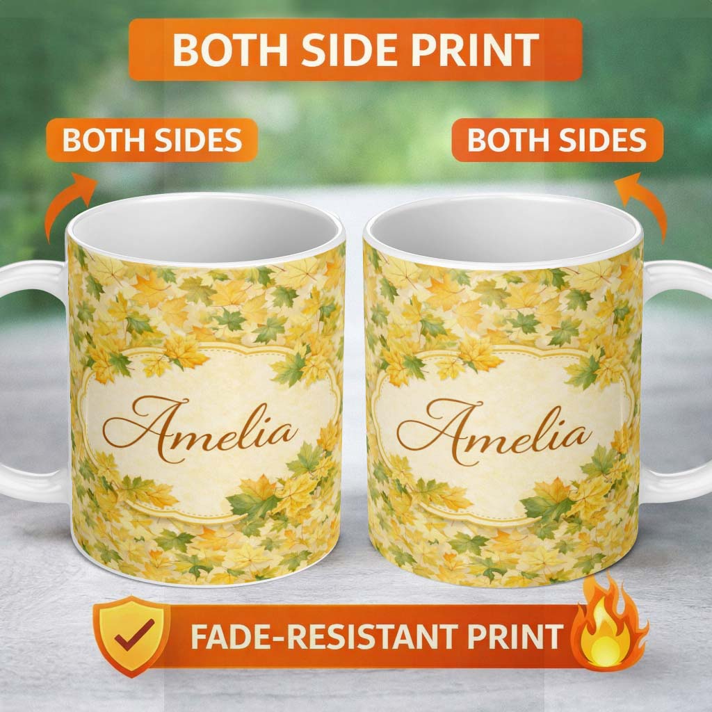 Personalized Custom Name Yellow and Green Autumn Leaf Pattern on Soft Neutral Background 11oz Ceramic Coffee Tea Mug White Large Handle
