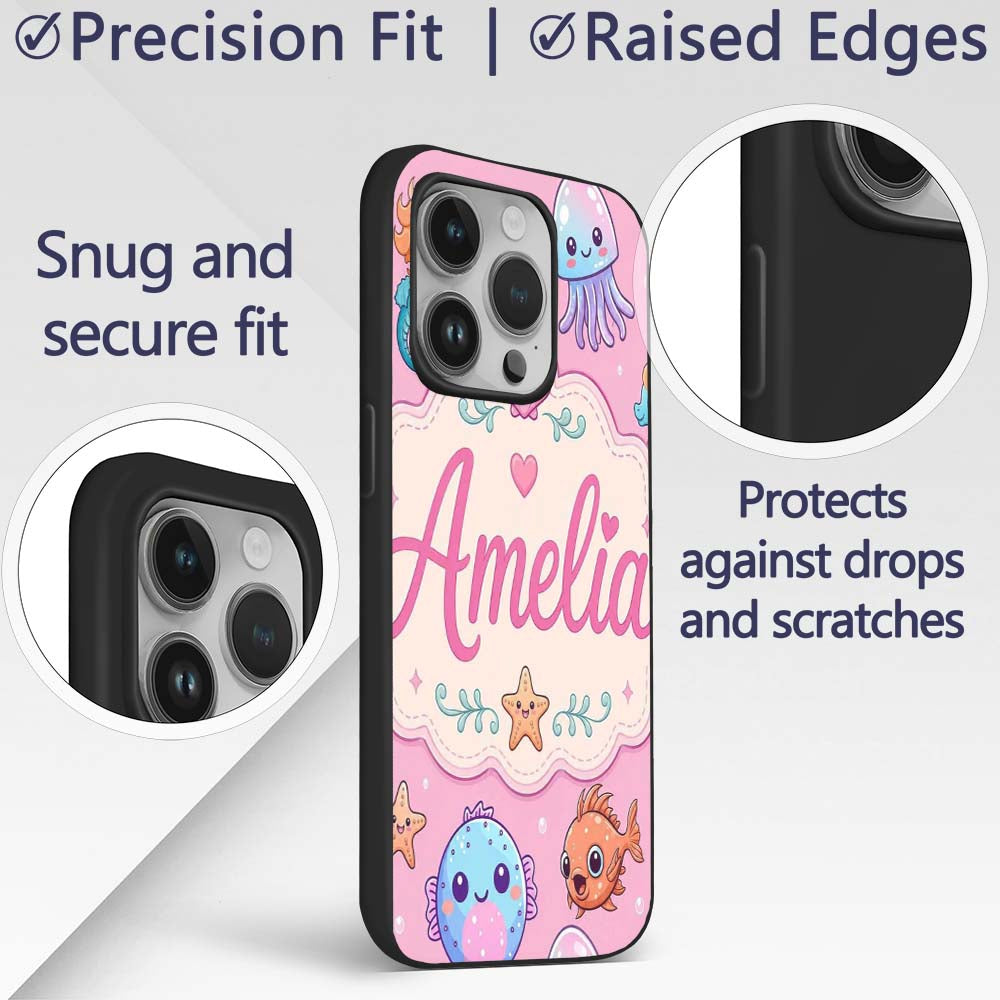 Cute Kawaii Mermaid Seahorse Decorative Design Custom Name Protective Phone Case Mobile Cover Durable Everyday Smartphone Shock Resistant
