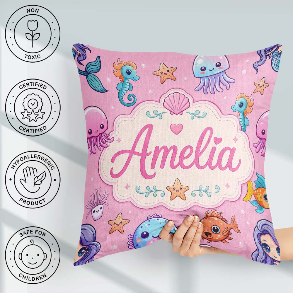 Custom Name Cute Kawaii Mermaid Seahorse Jellyfish and Soft Pink Square Filled Cushion Throw Pillow Sofa Bed Home Decor Zip Washable UK Made