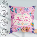 Custom Name Cute Kawaii Mermaid Seahorse Jellyfish and Soft Pink Square Filled Cushion Throw Pillow Sofa Bed Home Decor Zip Washable UK Made