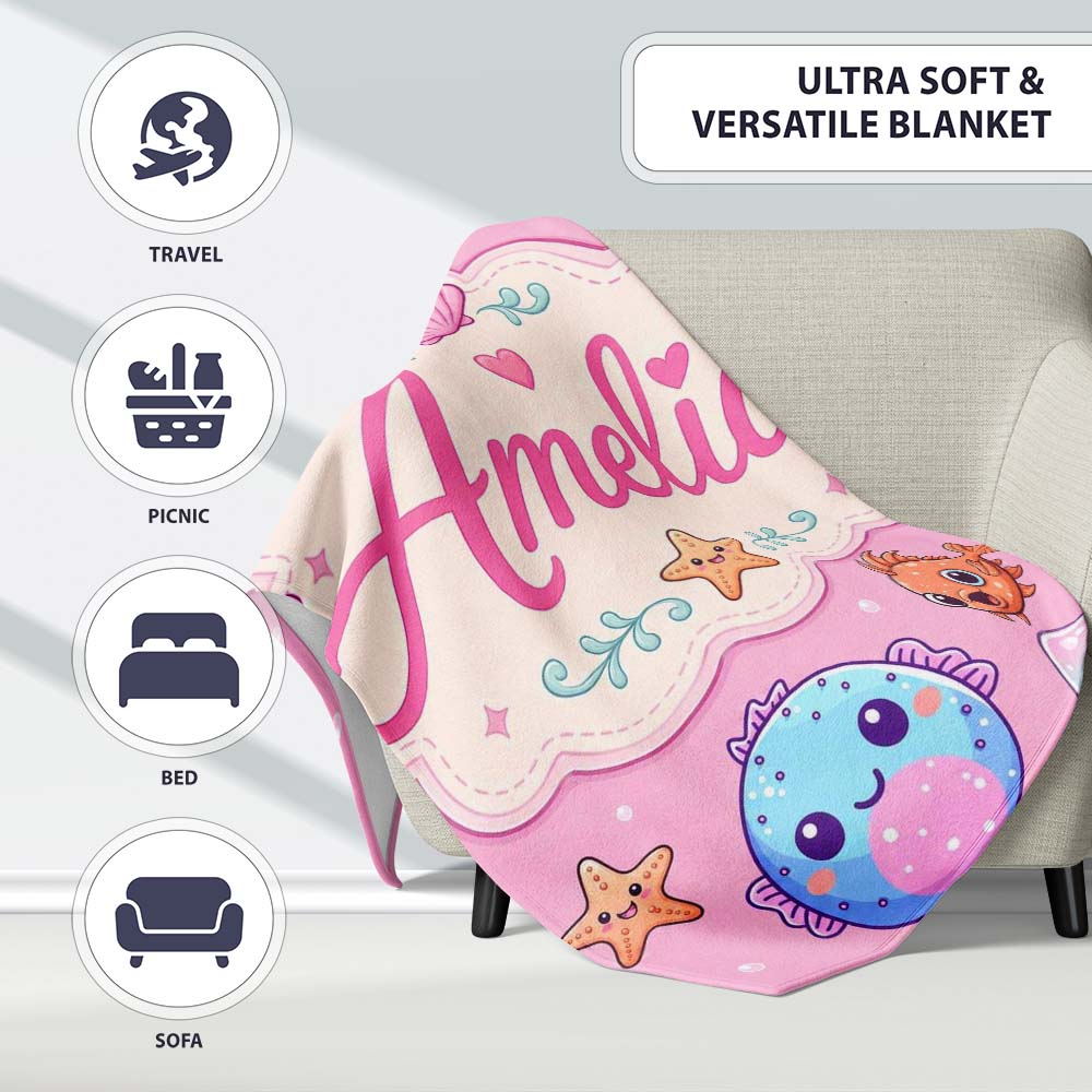 Cute Kawaii Mermaid Seahorse Jellyfish and Starfish Soft Pink Lovely  Personalised Custom Name Super Soft Fleece Blanket Bed Sofa Throw
