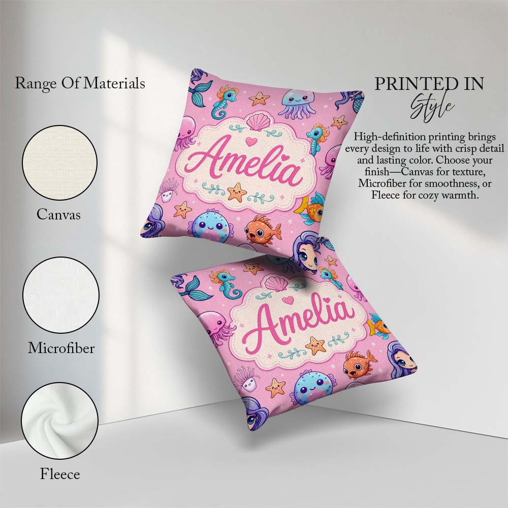 Custom Name Cute Kawaii Mermaid Seahorse Jellyfish and Soft Pink Square Filled Cushion Throw Pillow Sofa Bed Home Decor Zip Washable UK Made
