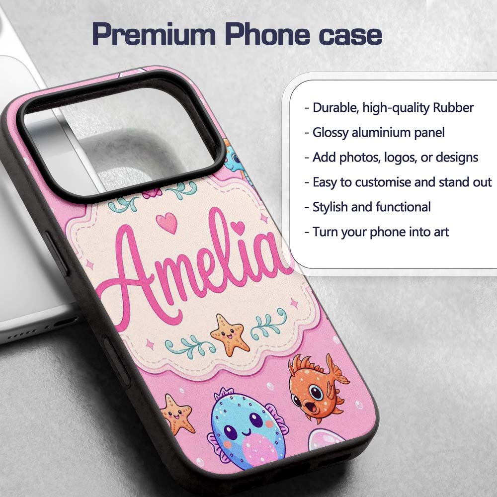 Cute Kawaii Mermaid Seahorse Decorative Design Custom Name Protective Phone Case Mobile Cover Durable Everyday Smartphone Shock Resistant