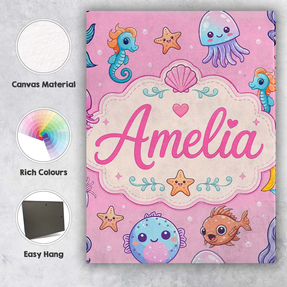 Personalised Name Cute Kawaii Mermaid Custom Modern Room Accent Creative Decorator Style Canvas Wall Art Print Decor Picture Ready to Hang