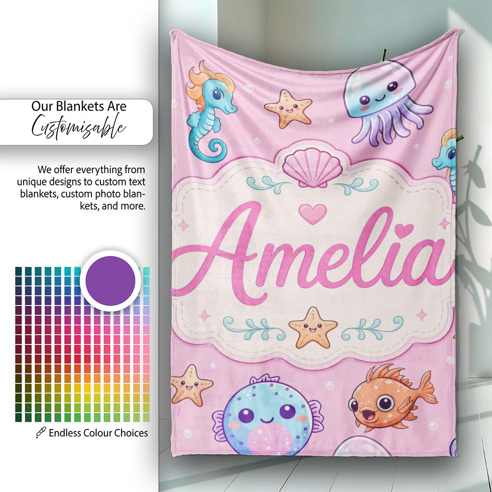 Cute Kawaii Mermaid Seahorse Jellyfish and Starfish Soft Pink Lovely  Personalised Custom Name Super Soft Fleece Blanket Bed Sofa Throw