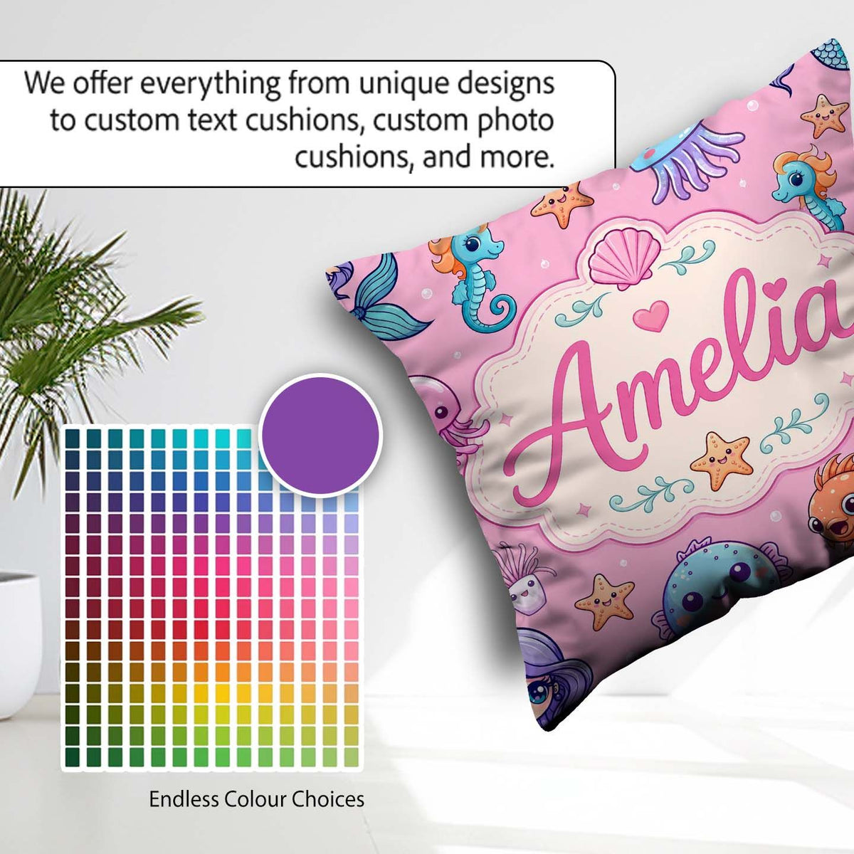 Custom Name Cute Kawaii Mermaid Seahorse Jellyfish and Soft Pink Square Filled Cushion Throw Pillow Sofa Bed Home Decor Zip Washable UK Made