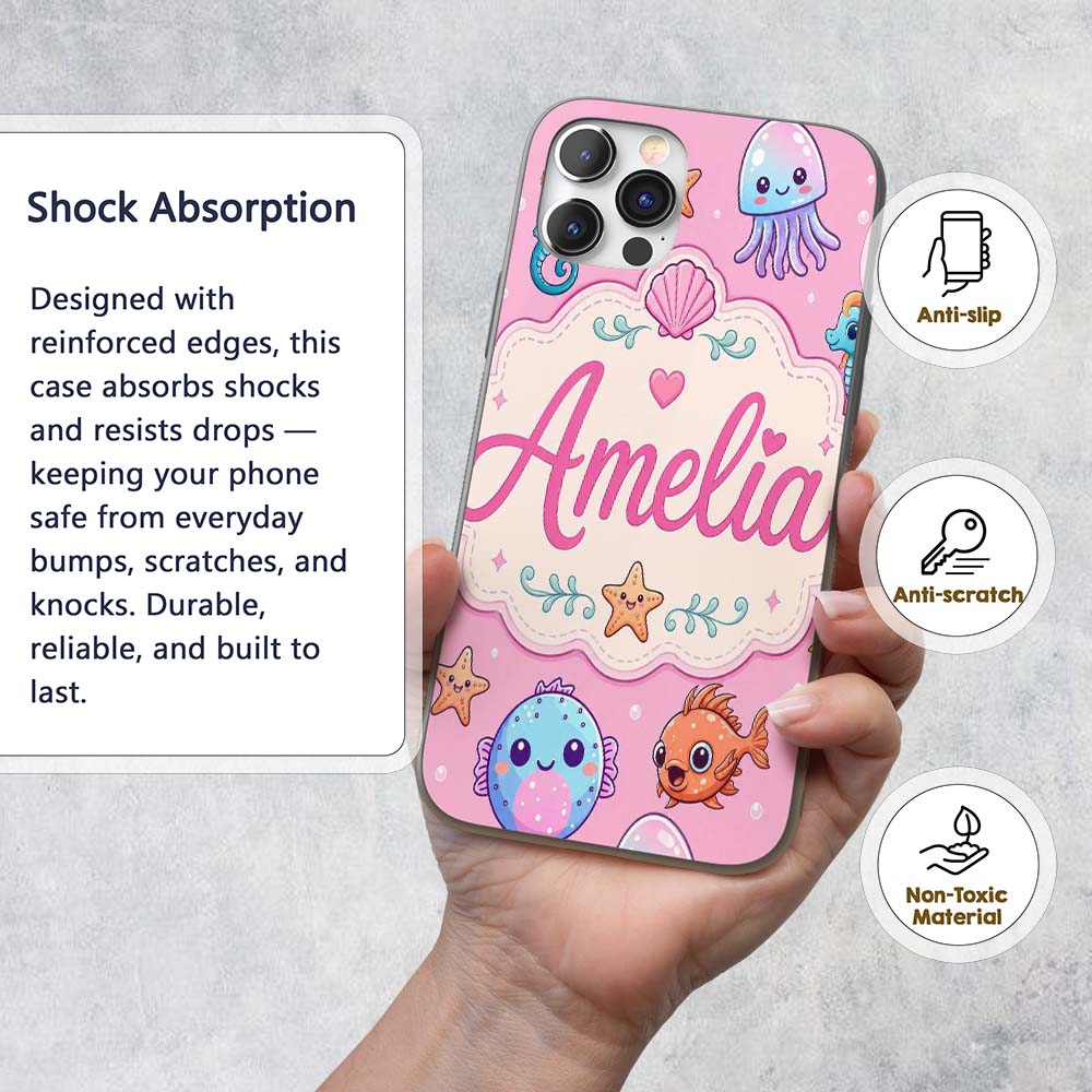 Cute Kawaii Mermaid Seahorse Decorative Design Custom Name Protective Phone Case Mobile Cover Durable Everyday Smartphone Shock Resistant