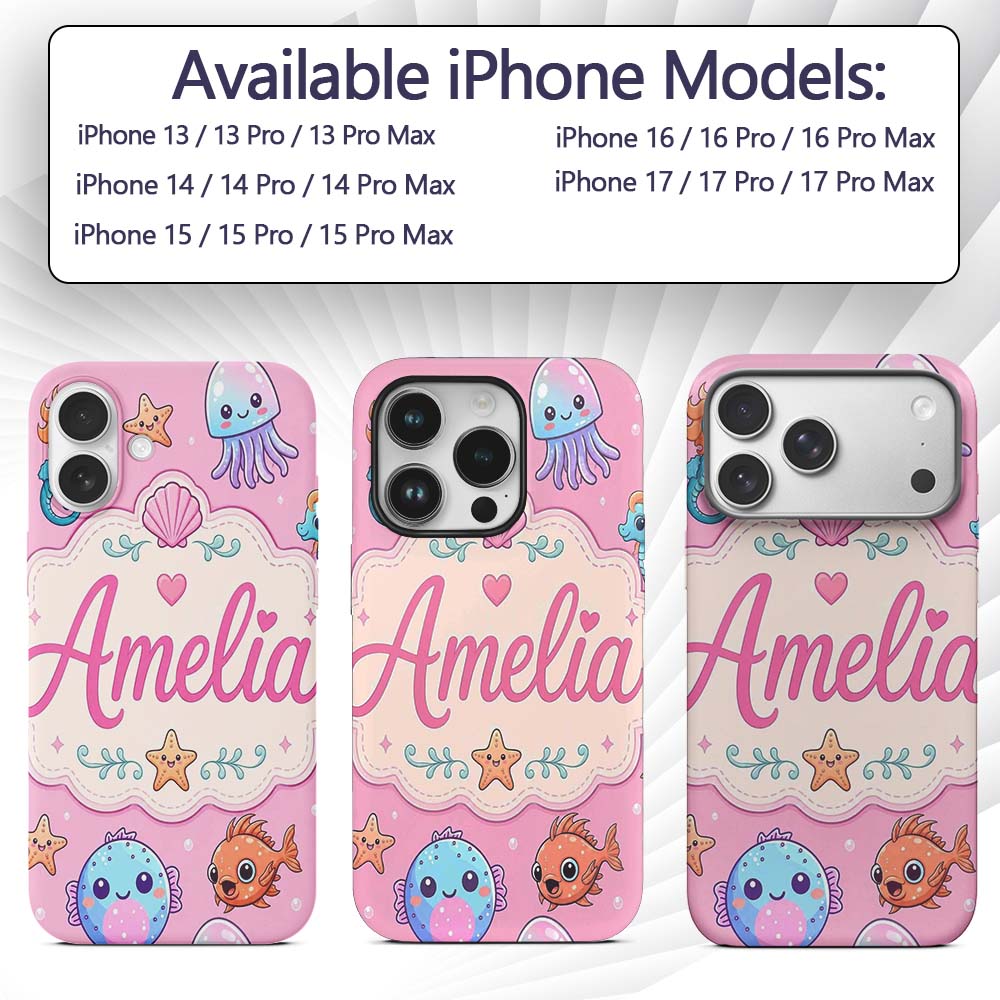 Cute Kawaii Mermaid Seahorse Decorative Design Custom Name Protective Phone Case Mobile Cover Durable Everyday Smartphone Shock Resistant