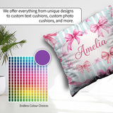 Custom Name Watercolor Pink Ribbon Bow Pattern with Soft Stripes Square Filled Cushion Throw Pillow Sofa Bed Home Decor Zip Washable UK Made