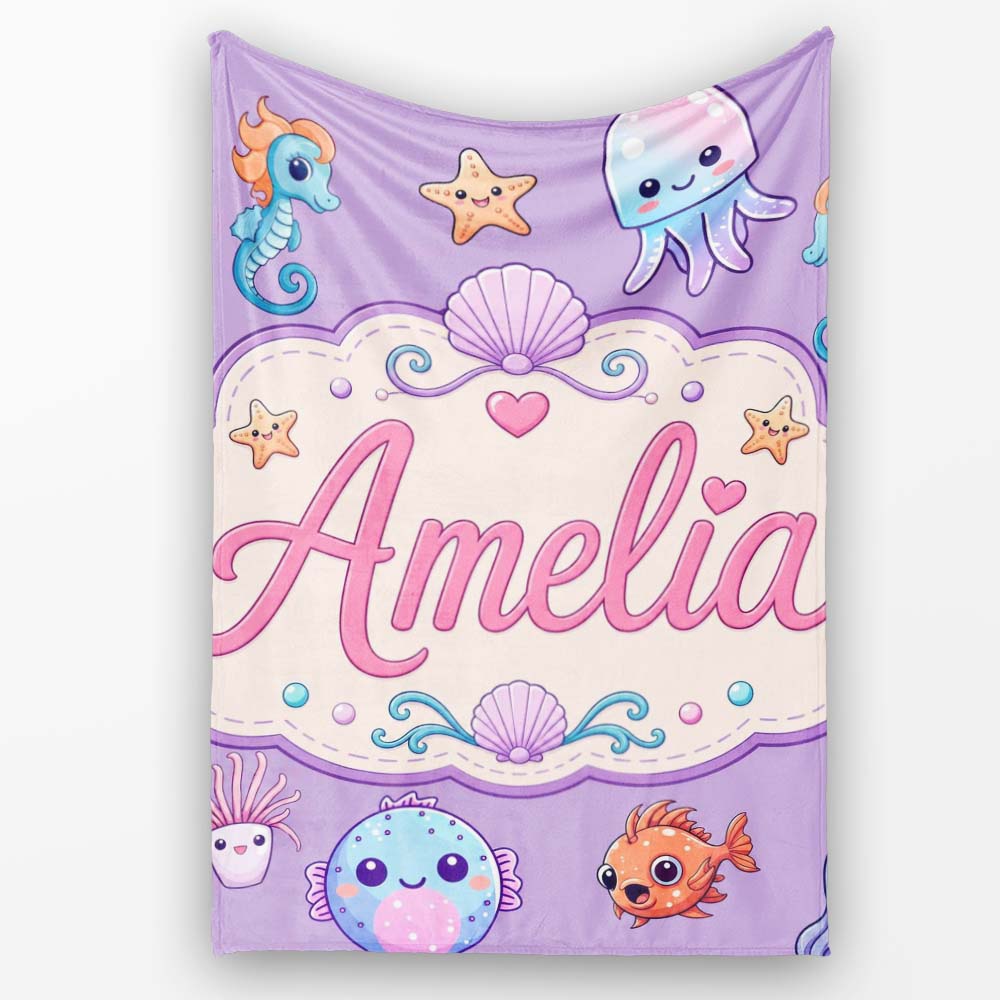 Cute Kawaii Mermaid Seahorse Jellyfish and Starfish Purple Lovely  Personalised Custom Name Super Soft Fleece Blanket Bed Sofa Throw