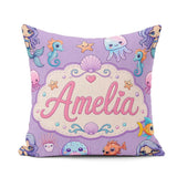 Custom Name Cute Kawaii Mermaid Seahorse Jellyfish and Starfish Square Filled Cushion Throw Pillow Sofa Bed Home Decor Zip Washable UK Made