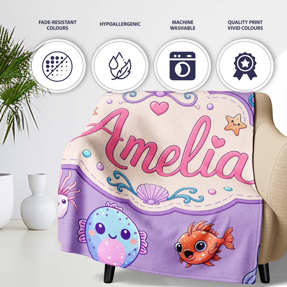 Cute Kawaii Mermaid Seahorse Jellyfish and Starfish Purple Lovely  Personalised Custom Name Super Soft Fleece Blanket Bed Sofa Throw