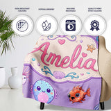 Cute Kawaii Mermaid Seahorse Jellyfish and Starfish Purple Lovely  Personalised Custom Name Super Soft Fleece Blanket Bed Sofa Throw