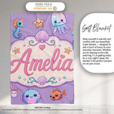 Cute Kawaii Mermaid Seahorse Jellyfish and Starfish Purple Lovely  Personalised Custom Name Super Soft Fleece Blanket Bed Sofa Throw