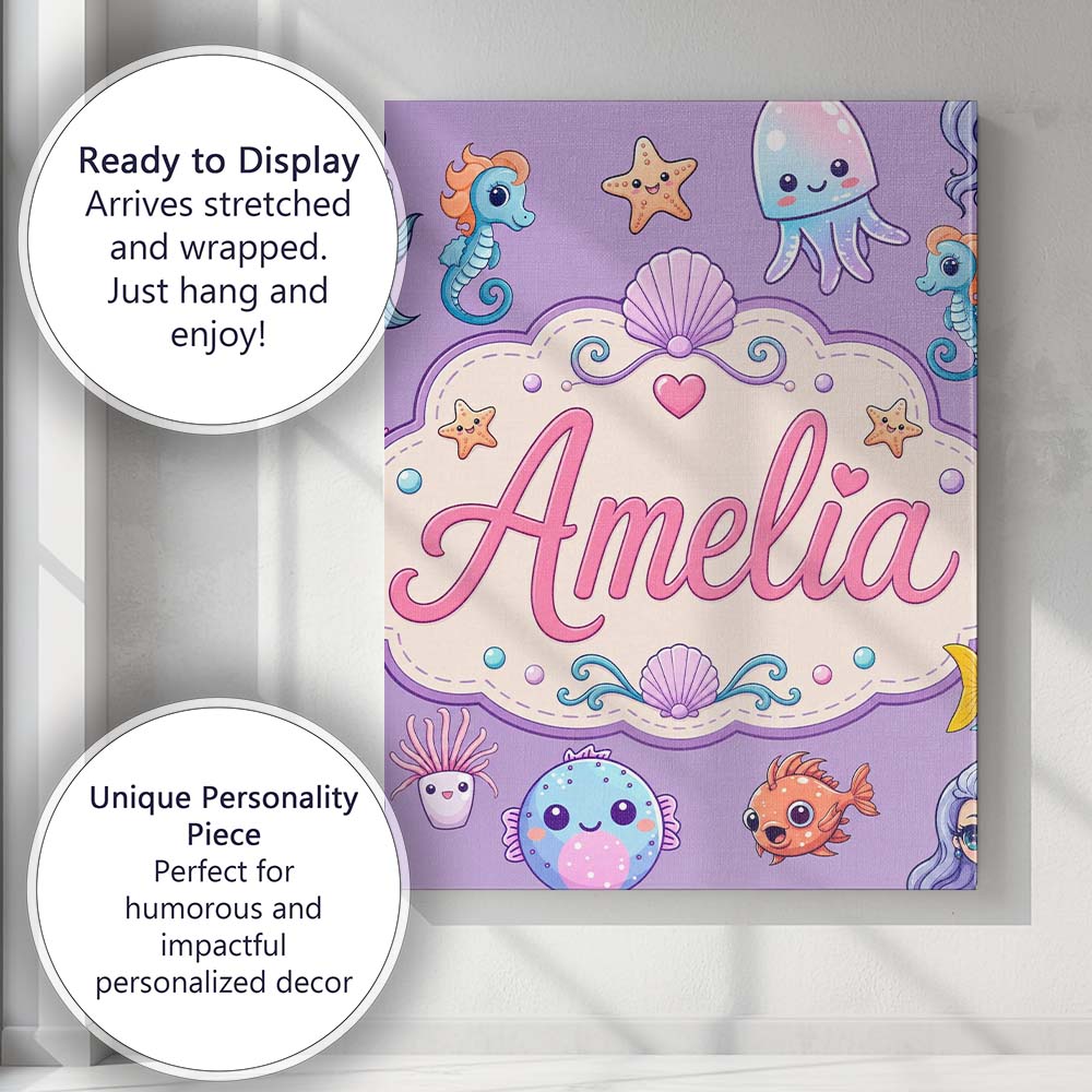 Personalised Name Cute Kawaii Mermaid Custom Modern Room Accent Creative Decorator Style Canvas Wall Art Print Decor Picture Ready to Hang