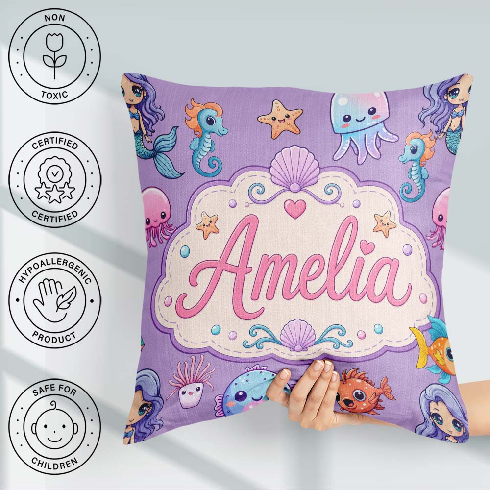 Custom Name Cute Kawaii Mermaid Seahorse Jellyfish and Starfish Square Filled Cushion Throw Pillow Sofa Bed Home Decor Zip Washable UK Made
